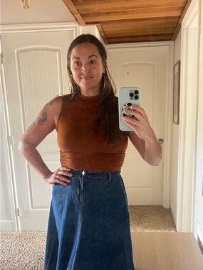 If She Loves Mock Neck Cropped Tank Top in Rust Soft Knit Stretch